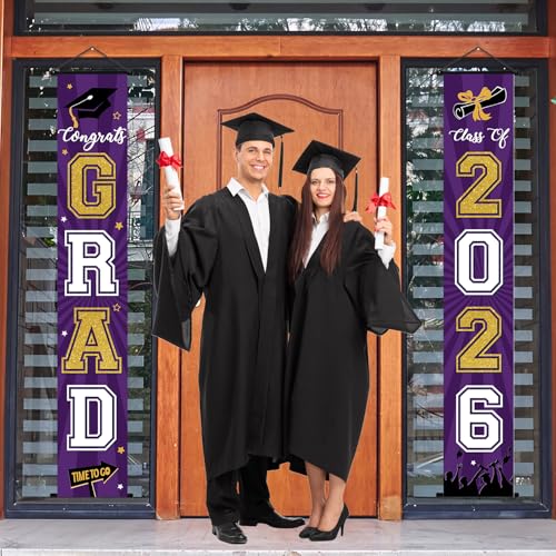 Image of Graduation Banner 2026 Graduation Decorations Purple and Gold Grad Banner Porch Sign Class of 2026 Door Decor Congrats Hanging Backdrop Gold Grad Party Decor for School Congratulations Supplies