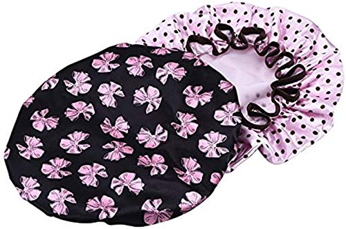 ULTNICE 2pcs Bonnet de douche imperméable Cheveux Accessoire Pour les femmes filles(bonnet noir avec papillon rose et bonnet rose avec pois marron)