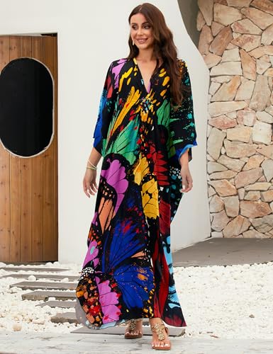 Image of MAKABO Kaftan Dresses for Women, V Neck Moo Moos Colorful Print Cover Ups Caftan Beach Dresses for Swimwear