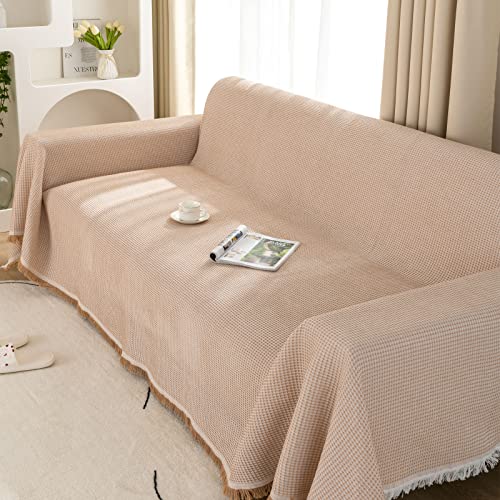 LHGOGO Waffel Sofa Überwurfdecke 180x300cm Große 3 Sitzer Sofaüberwurf Vielseitige Wohndecke als Sofadecke, Couch Überwürf, Sofa Überzug und Tagesdecke mit Deko Quasten - Beige