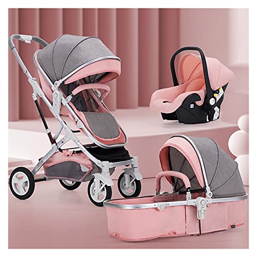 Baby Stroller and Car Seat Combo,Folding Aluminium Newborn Reversible Bassinet Pram,Adjustable High View Luxury Baby Pram Stroller Infant Pushchair Carriage (Color : Pink)