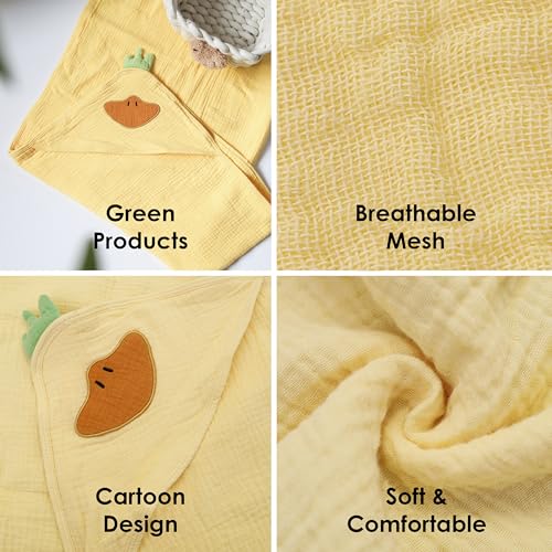 Image of Hooded Muslin Baby Towel - Soft & Absorbent Cotton Bath Wrap for Newborn, Infant & Toddler - Yellow Duck Design - 32x32 Quick Dry - Hypoallergenic