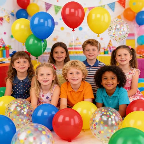 Image of Red Blue Yellow Green Balloon Set, 12 Inch Carnival Circus Party Balloon Red Blue Green Yellow Helium Balloons Confetti Latex Balloon for Video Game Party Rainbow Kid Birthday Party Carnival Circus