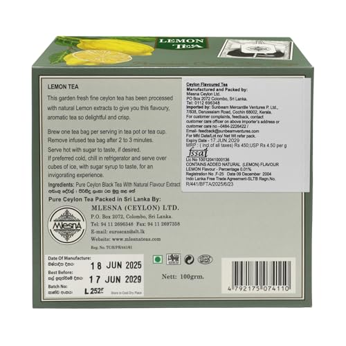 Image of Mlesna Lemon Black Tea 100g | 50 Foil-Wrapped Tea Bags | Pure Ceylon Black Tea | Rich in Antioxidants | Imported from Sri Lanka