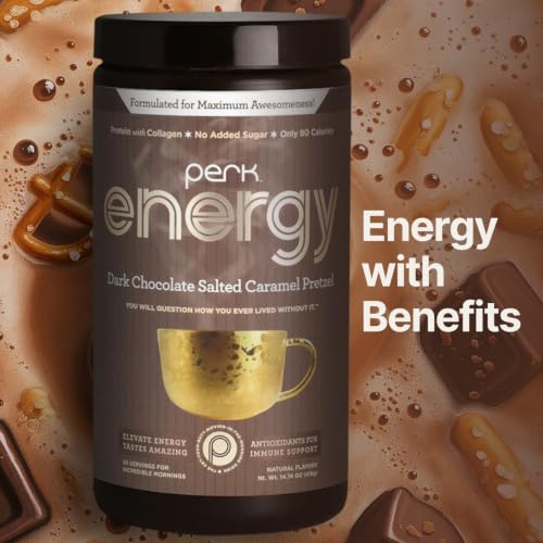 Image of Perk Energy Drink Mix (Dark Chocolate Salted Caramel Pretzel) 20 Servings | Caffeinated Healthy Coffee Alternative with Protein, 100mg of Caffeine, Gluten-Free, Soy-Free, Peanut-Free