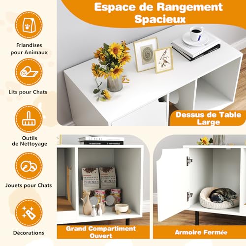 Meuble litière pour chat en bois avec pieds métalliques robustes