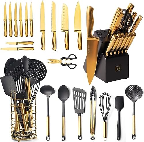 Black and Gold Knife Set with Block Self Sharpening and Black and Gold Kitchen Utensils with Stainless Steel Gold Utensil Holder – 32 Piece Luxe Black and Gold Kitchen Accessories