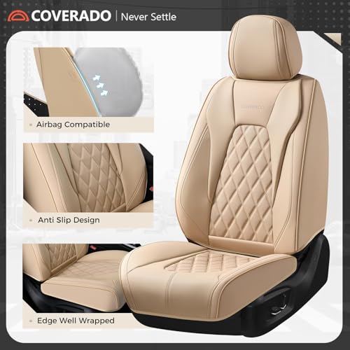 Image of Coverado Front Seat Covers, Luxury Faux Leather Seat Covers for Cars, Beige Car Seat Covers, Car Seat Protector Waterproof, Automotive Interior Accessories Universal Fit for Most Cars Truck SUV Sedan
