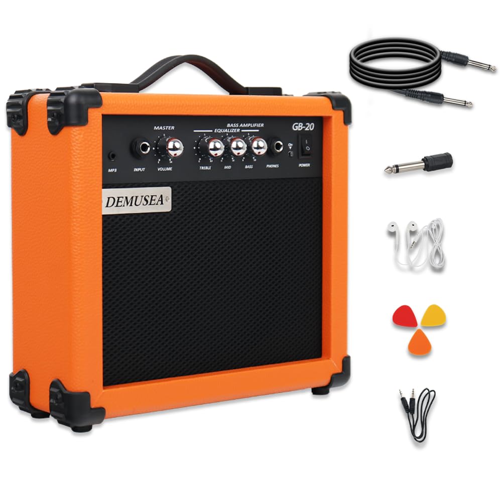 Amplificador de bajo eléctrico portátil naranja de 20 W, mini amplificador de viaje con conector para auriculares auxiliar, agudos, volumen de graves medios