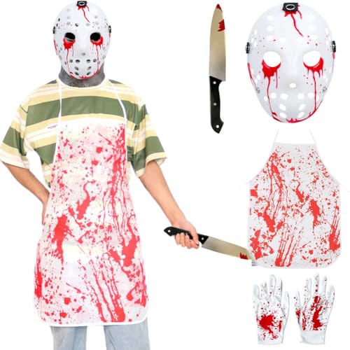 CARxlythic Halloween Jason Máscara de lujo de PVC de terror,Horror Disfraz de Halloween Máscara de Hockey Fiesta Cosplay Atrezzo (Blanco Contiene pugnale)