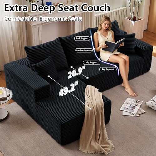 Image of 107 inch Cloud Sectional Couch with L-Shape Chaise, Modern Modular Comfy Sofa with Deep Seat, Upholstered Corduroy Couches Sleeper Chaise Longue for Living Room Bedroom, No Assembly Required, Black