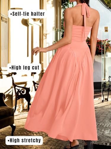 Image of ChiaoLezhee Deep V Neck Dress, Halter Maxi Dresses, Vacation Date Night, Sexy for Women Corset Flowy Wedding Guest Drop Waist