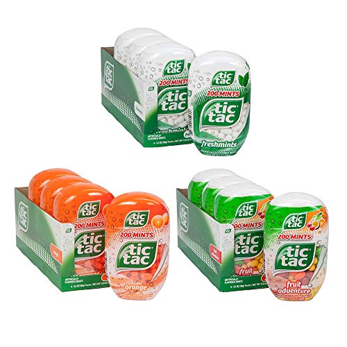 Tic Tac Variety - 4 Fruit Adventure, 4 Freshmint & 4 Orange - Pack of 12 Bottles