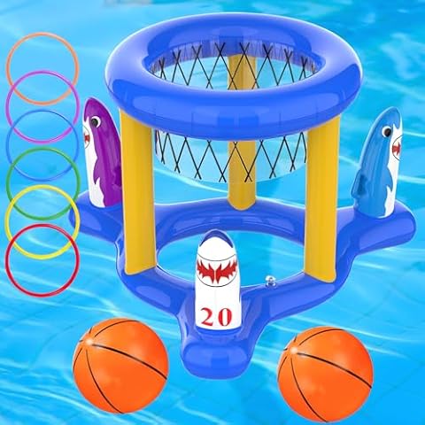 eboozone Inflatable Pool Toys Basketball Hoop & Ring Toss Game, 2-in-1 Pool Toys Games Set, Swimming Pool Games Summer Pool Toys for Kids Adults Family Cover
