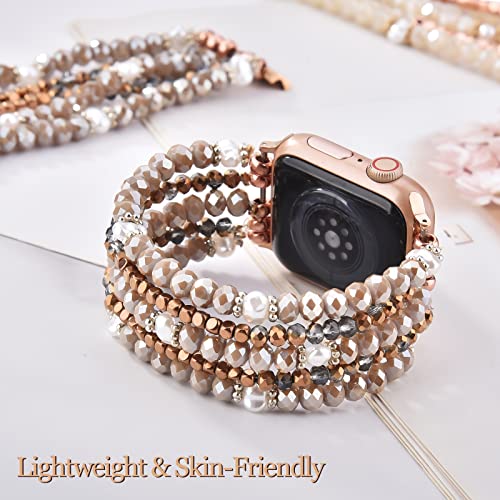 Mofree Beaded Bracelet Compatible For Apple Watch Band 38Mm/40Mm/41Mm Women, Fashion Handmade Pearl Beads Elastic Stretch Strap For Iwatch Series 8/7/Se/6/5/4/3/2/1 Coffee #TOP1