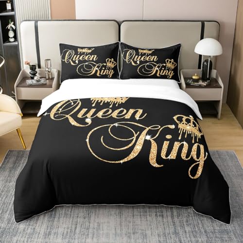 Homemissing Crown Queen and King Couple Duvet Cover 100% Cotoon Set His and Hers Bedding Set for Women Men Black Golden Single,Lover Romantic Valentine's Day Decorations Bedspread Cover (No Glitter)