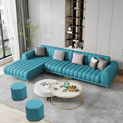 Image of Casaliving Herrick LHS 6 Seater L Shape Sofa Set with 2 Puffy for Living Room (Turquise Colour) Premium Velvet Fabric Sofa, Blue