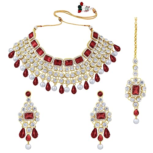 Peora Crystal Choker Necklace with Maang Tikka Earrings Indian Traditional Bridal Wedding Jewellery Set for Women