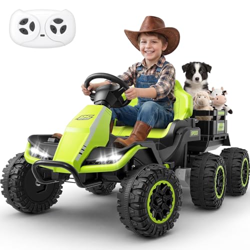 Image of Hikole 24V Ride on Toys Tractor for Kids 3+ w /Trailer, Electric Car, Green