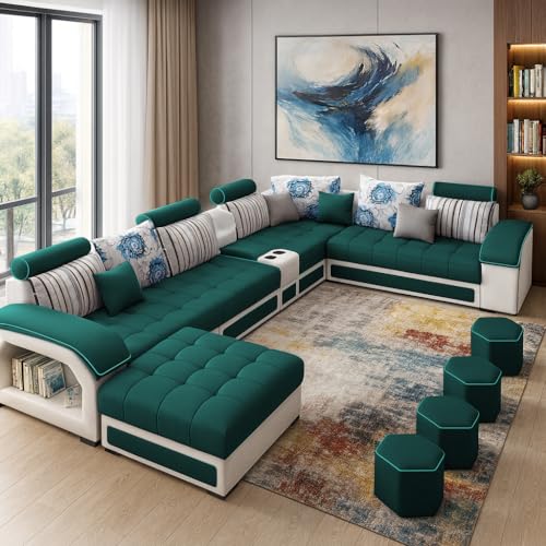 Image of Casaliving Yamir Modern U-Shaped Sectional Sofa Set with Storage, 9 Seater, Sofa Couch with 4 Puffy for Hall Guest Room (Pine & Grey) Premium Fabric Sofa Set