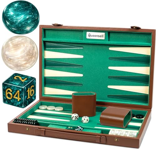 Backgammon Set für Erwachsene 38 cm Premium Faux Wildleder Backgammon Spiel aus Holz mit 32 Steinen Würfelbechern & Verdopplungswürfel Reise Backgammon Koffer