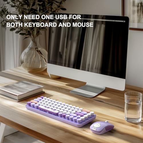 Image of FOPETT Wireless Keyboard and Mouse Cute Mouse and Keyboard 2.4G Wireless Keyboards with Colorful 68 Keys Typewriter Retro Round Keycap for PC, Laptop,Tablet,Computer Windows - Purple Colorful