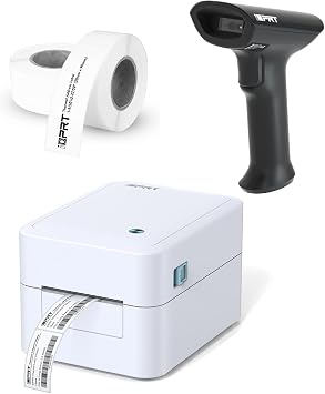 iDPRT Thermal Label Printer SP320E with iDPRT 1D 2D Barcode Scanner 1358 with 600pcs Labels2 Rolls of 300pcs