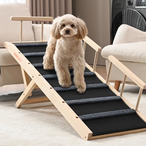 VEVOR Hunderampe 1,2m lang Hundetreppe mit 7 Querstangen Hundeautorampe aus Kiefernholz Gummi Hundeeinstiegshilfe 6-stufige Höheneinstellungen Tierrampe ca. 113kg Tragfähigkeit für große kleine Hunde