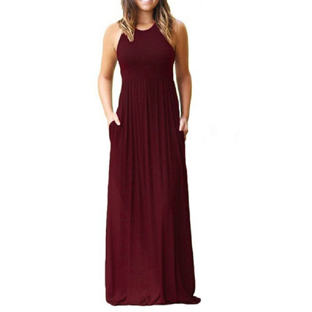 Women's Casual Maxi Dress with Pockets Plain Loose Swing Short Sleeve T-Shirt Long Dresses
