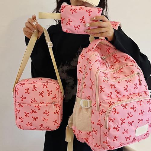 3Pcs Set Bow Backpack for Girls, Exquisite Bow Nylon Backpack, Women's Cute Fashion Travel Leisure Bag (Rose)2