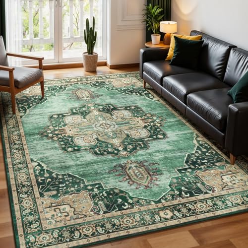 Vibrug Washable Rugs for Living Room Bedroom, 5x7 Area Rugs for Kitchen Office Nursery, Non Slip Low Pile Rug Indoor, Vintage Boho Print Floral Carpet, Retro Green