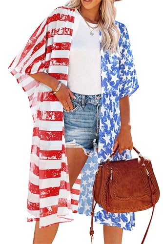Image of Women's Kimono Swimsuit Coverups Summer Beach Loose Cardigans for Swimwear | CHICGAL Casual Open Front Chiffon Cover Up, 3 /4 Sleeve Lightweight Vacations Outfits 2026, Long Summer Resort Wear
