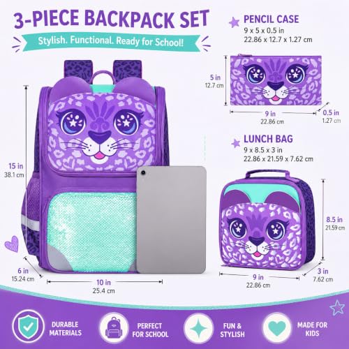 Image of KLFVB 3PCS Backpack for Girls and Boys, 15 inch Unicorn Dinosaur Bookbag with Lunch Box, Kids Preschool School bag