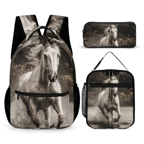 Horse Running by The Water Backpack Set Lightweight Bag Lunch Box Pencil Bags for Women Men Bookbags 3 in 1