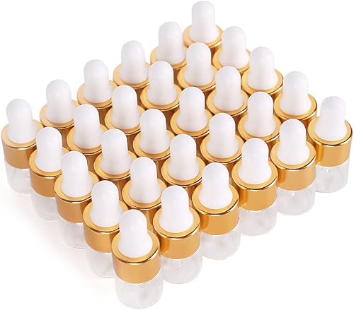 Miniatura 5 de Hauioe 50 botellas cuentagotas de vidrio transparente  130.2 fl oz botella cuentagotas de aceite esencial con pipeta medidora y tapa dorada