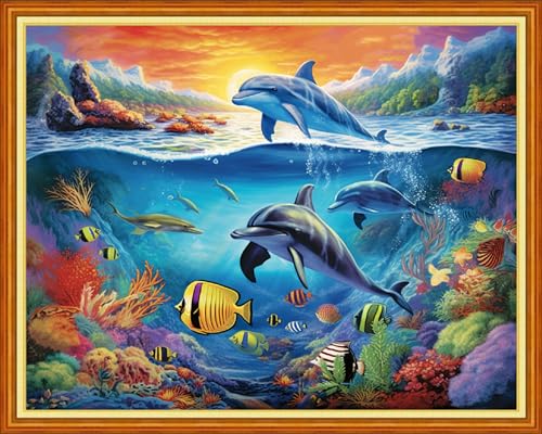 Image of Foxdiviy Stamped Cross Stitch Kits Full Range of Embroidery Needlework Starter Kits for Beginners Adults 11CT Embroidery Patterns Art Crafts DIY Needlepoint Kits-Underwater World 16x20 inch