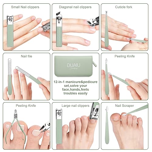 DUAIU Manicure Set,12pcs Nail Clippers Set Professional Nail Kit Stainless Steel Nail Care Tools Pedicure Kit Manicure Set with PU Leather Bag Gift for Men Women - Image 6