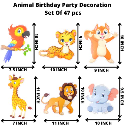 Image of Party Decorz Animal /Jungle /Safari Theme Birthday Decoration Set Of 47 pcs(1pcs Happy Birthday Banner +12pcs Paper Cutout +2pcs Props +1pcs Cake Topper +1pcs Curtain +30pcs Balloons)