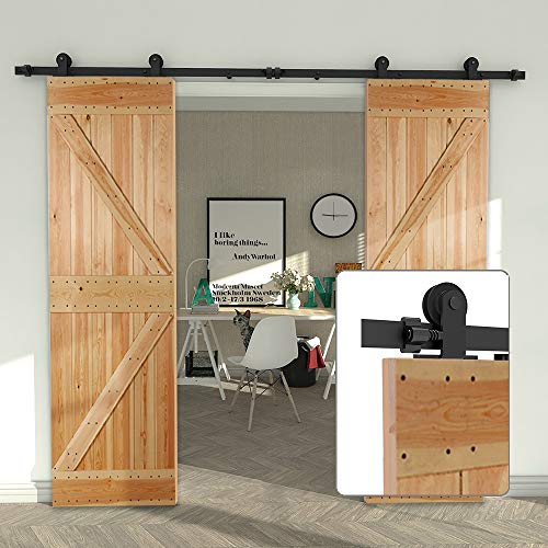Image of CCJH 8.2FT Sliding Barn Door Hardware Kit, Heavy Duty, Smoothly and Silently, Easy to Install, Fit 24.6 inch Width Double Door Panel, T-Shaped Style Black