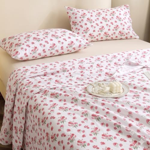 Image of IVAZA 240 TC Soft Ezyption Cotton Floral Print King Size Bedsheet - with 2 Pillow Covers, Hypoallergenic, Brethable, (Size- 90 x 90 Inch) Red White