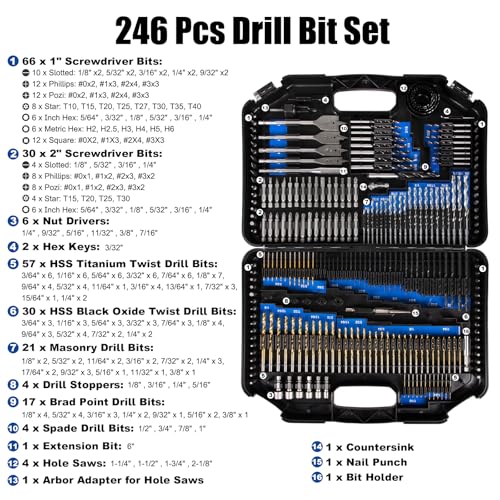 COMOWARE Drill Bit Set, 246 Pcs for Cordless Drill, Drill Driver Bit Set for Wood, Metal, Masonry, Cement and Screwdriver Bits Set Combo Kit - Thumbnail 2