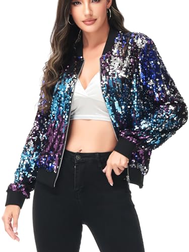 Image of Anna-Kaci Womens Sequin Long Sleeve Front Zip Jacket with Ribbed Cuffs, Midnight, Small