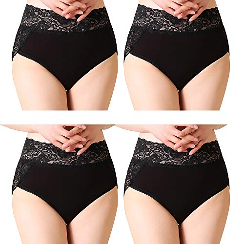 Serecofo Lot de 4 Culottes Slips Femme Taille Haute en Dentelle sous-Vêtements Femme Lingerie Ultra Elastique et Confortable (FR 46-48 : Tour de Taille 85-95cm, 4 Noir) Cover