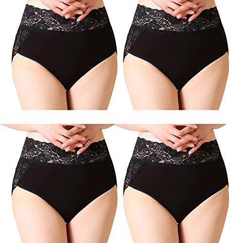 Serecofo Paquete de 4 Braguitas para Mujer Bragas de Encaje de Cintura Alta Calzoncillo de Corte Alto, Bragas de Moda, Ropa Interior Suave Elástica (ES 50-52 : Cintura 96-104cm, 4 Negro)