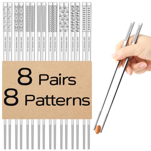 8 Pairs Metal Chopsticks Reusable 18/10 Stainless Steel Chopsticks Set Cute Laser Engraved Non-slip Japanese Korean Chinese Chopstick for Cooking Eating Dishwasher Safe 9.25