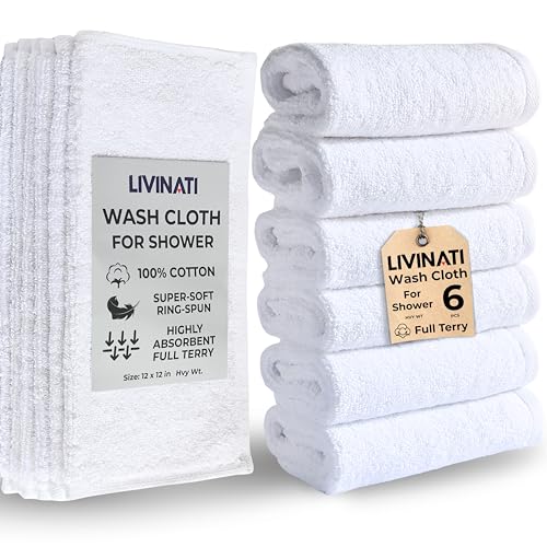 LIVINATI Thick White 100% Cotton Wash Cloths for Showering Body and Face - 12X12 6 Pack Washcloths - Small Terry Towel Bath Rags for Adults and Kids Bathroom - Soft Absorbent