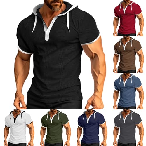Mens Waffle Hoodie Shirts Short Sleeve Workout Gym Sweatshirt Muscle Fit Fashion Athletic Hood Pullover Cotton Hooded Tshirt4