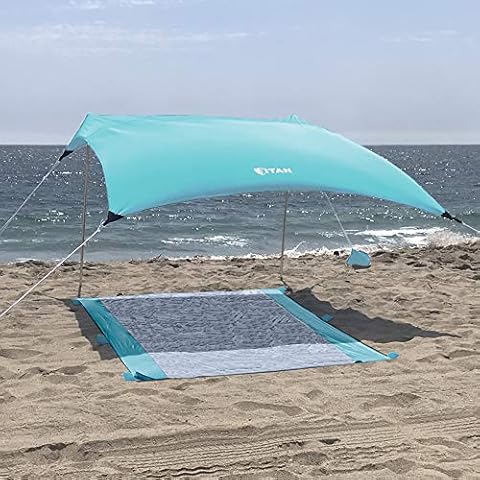 Titan Beach Canopy Sky Blue Sunshade with Sandbag Anchors and Mat - 7ft x 7ft - UPF 50+ - Tent Includes Carry Bag - Weighs 5 Pounds - Portable, Family Sun Protection for The Beach, Park or Camping Cover