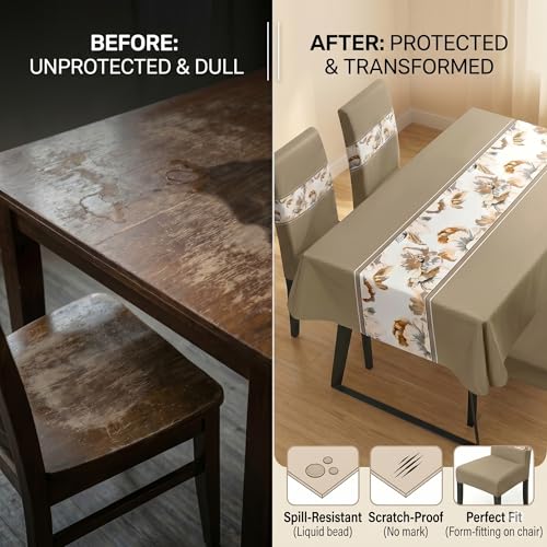 Image of Styleys Dining Chair Cover with Table Covers for Kitchen Waterproof Dining Table Cloth (1 Table Cover + 4 Chair Cover, Light Brown Flower, K723)