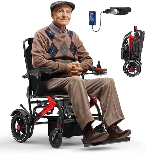 Electric Wheelchairs for Adults, Power Motorized Foldable Wheelchairs for Seniors Support 350 LBS, Only 36LBS Weight,15 Miles Range, Airline Approval & 500W Brushless Motors& LED Light(Red CoIor)